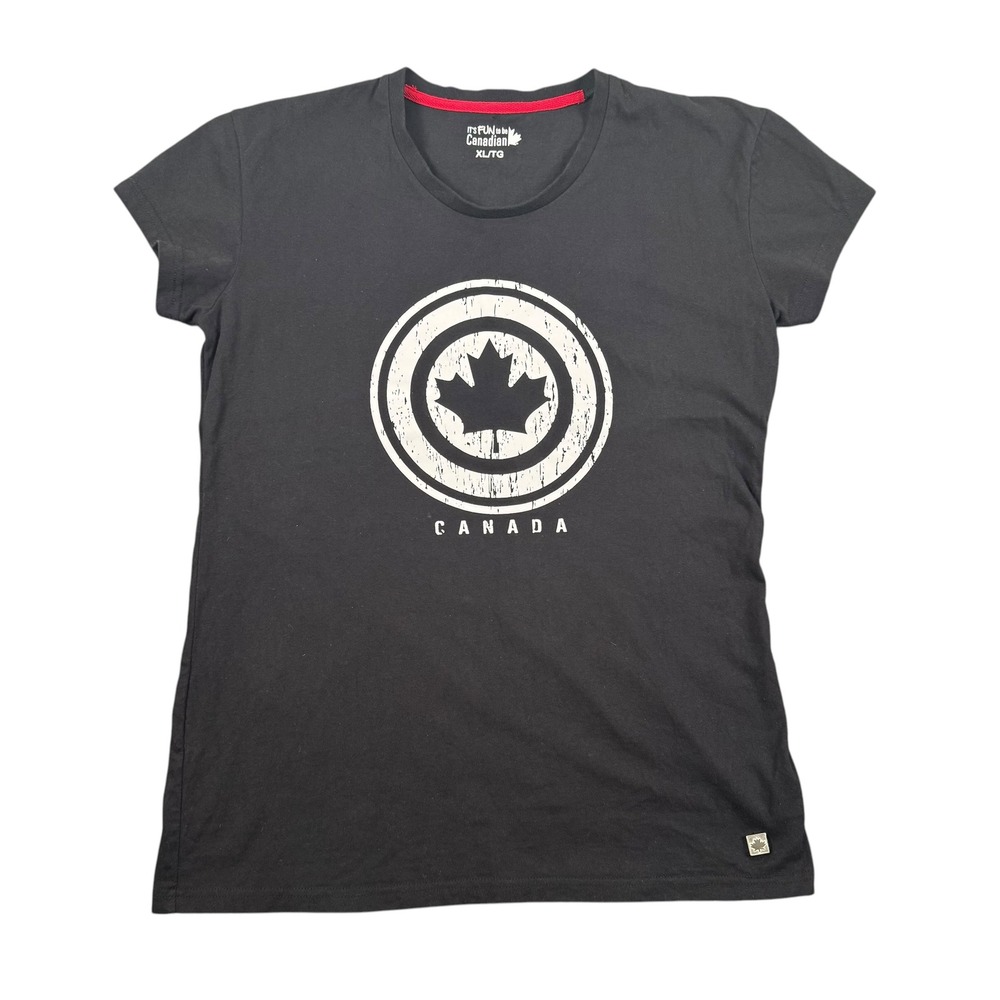 Its Fun to be Canadian Womens XL Black‎ Maple Leaf Shield Graphic T-Shirt Cotton